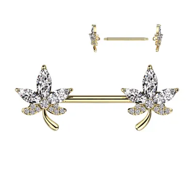 316L Surgical Steel Gold PVD Petal Flower White CZ Nipple Ring Barbell