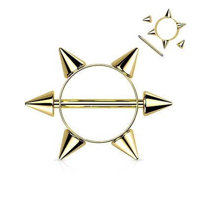 316L Surgical Steel Gold PVD Multi Spike Nipple Ring Shield Straight Barbell