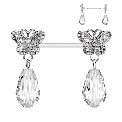 316L Surgical Steel Large White CZ Butterfly Clear Gem Dangle Nipple Ring Straight Barbell