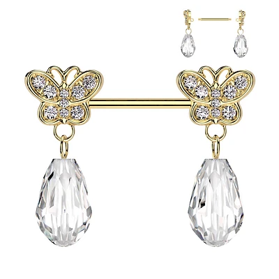 316L Surgical Steel Gold PVD Large White CZ Butterfly Clear Gem Dangle Nipple Ring Straight Barbell