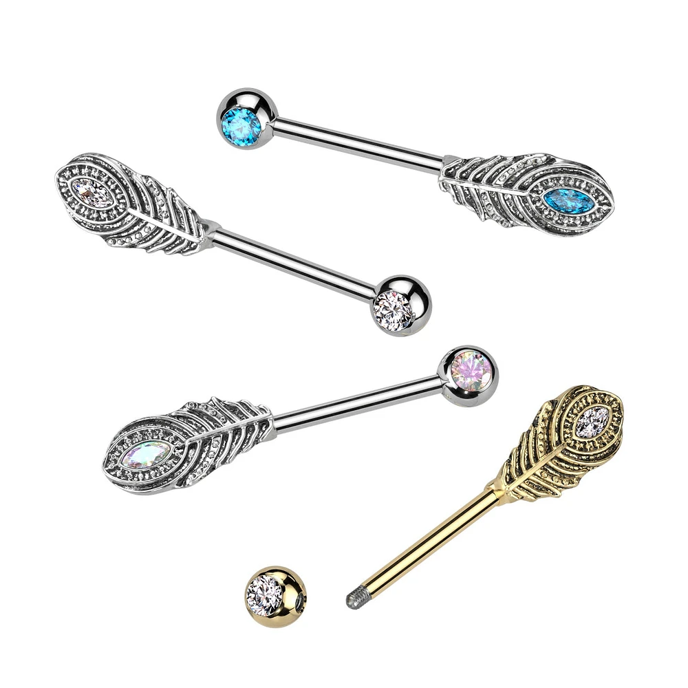 316L Surgical Steel White CZ Peacock Feather Nipple Ring Straight Barbell