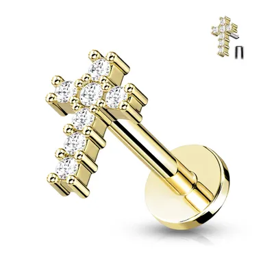 316L Surgical Steel Gold PVD White CZ Dainty Internally Threaded Cross Flat Back Labret
