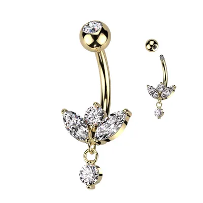 316L Surgical Steel Gold PVD White CZ 3 Petal Flower With Single Gem Dangle Belly Ring