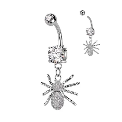 316L Surgical Steel White CZ Spider Dangle Belly Ring