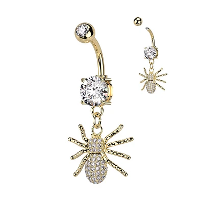 316L Surgical Steel Gold PVD White CZ Spider Dangle Belly Ring