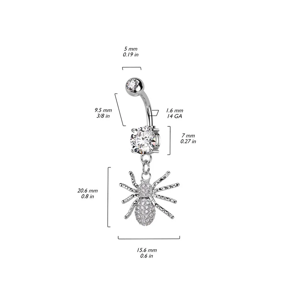 316L Surgical Steel White CZ Spider Dangle Belly Ring