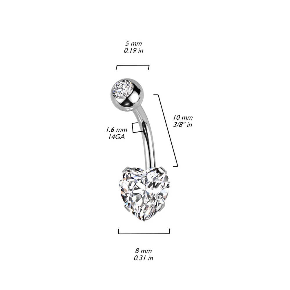 316L Surgical Steel Black PVD White CZ Heart Shaped Non Dangle Belly Ring