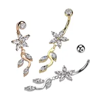 316L Surgical Steel Rose Gold PVD White CZ Flower Vine Dangle Belly Ring