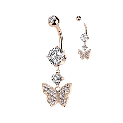 316L Surgical Steel Rose Gold PVD White CZ Gem Butterfly Dangle Belly Ring