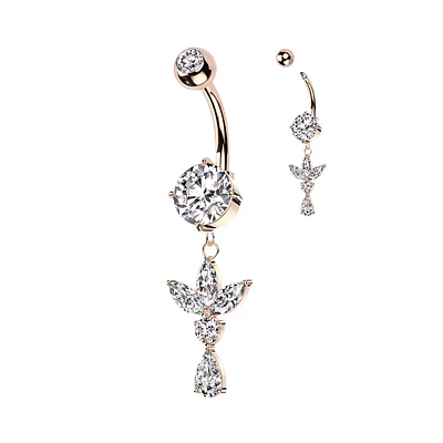 316L Surgical Steel Rose Gold PVD White CZ Lotus With Teardrop Dangle Belly Ring