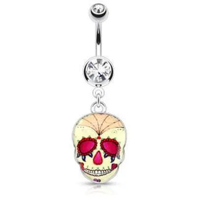 Surgical Steel Yellow Sugar Skull Belly Button Dangling Navel Ring