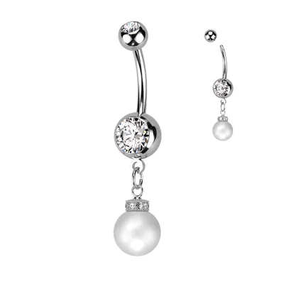 316L Surgical Steel White CZ Gem with Pearl Dangle Belly Ring