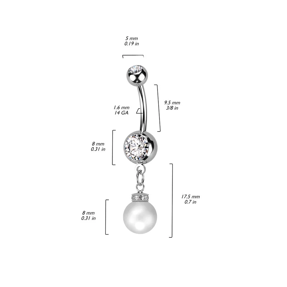 316L Surgical Steel White CZ Gem with Pearl Dangle Belly Ring