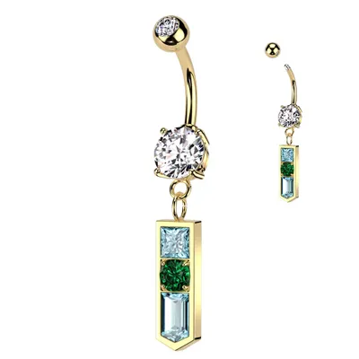 316L Surgical Steel Gold PVD White CZ Gem Ball with Pointed Aqua and Green Dangle Belly Ring