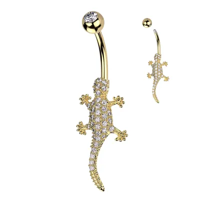 316L Surgical Steel Gold PVD White CZ Lizard Gecko Non Dangle Belly Ring