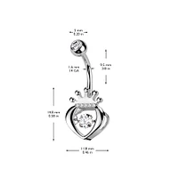 316L Surgical Steel Gold PVD White CZ Claddagh Crown Heart Shaped Belly Ring