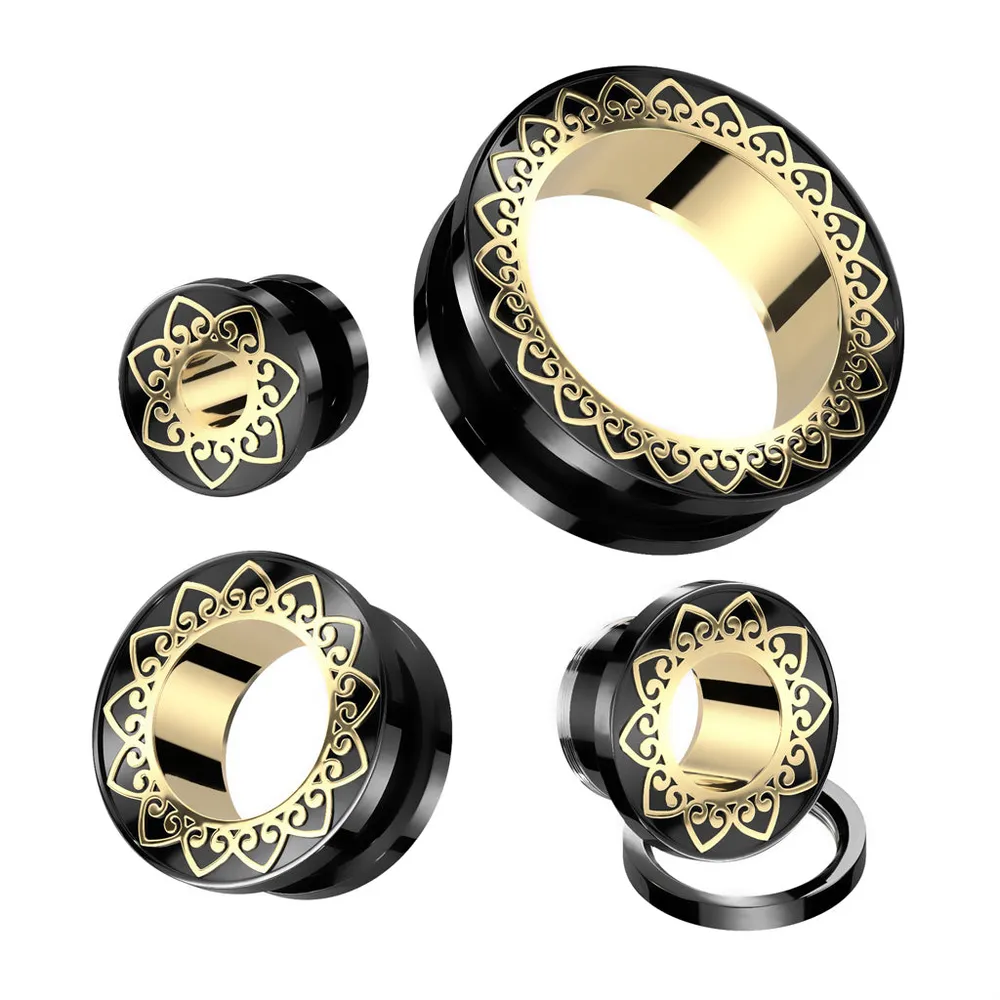 316L Surgical Steel Black PVD Gold Heart Filigree Design Screw On Ear Tunnels