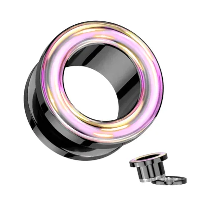 316L Surgical Steel Black PVD Iridescent Rainbow Screw On Flared Tunnels