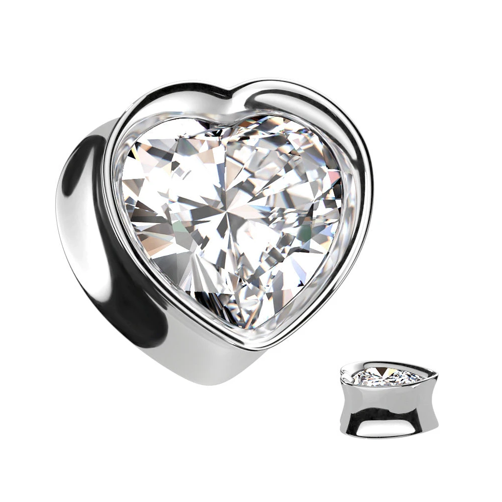 316L Surgical Steel White CZ Heart Shaped Double Flared Plug
