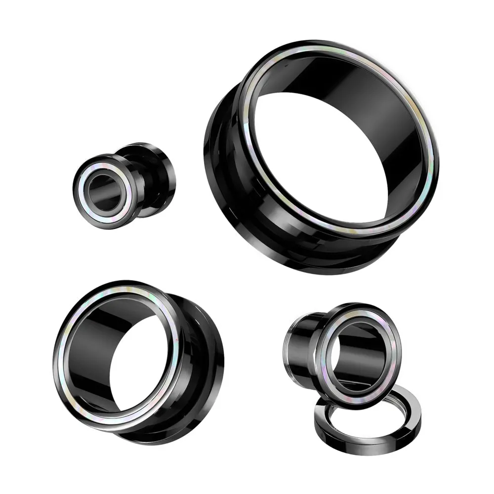 316L Surgical Steel Black PVD Mother Of Pearl Rim Screw On Ear Tunnels