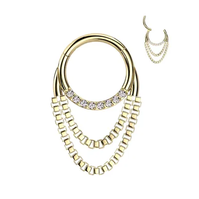 316L Surgical Steel Gold PVD White CZ Gem Chain Dangle Clicker Hoop