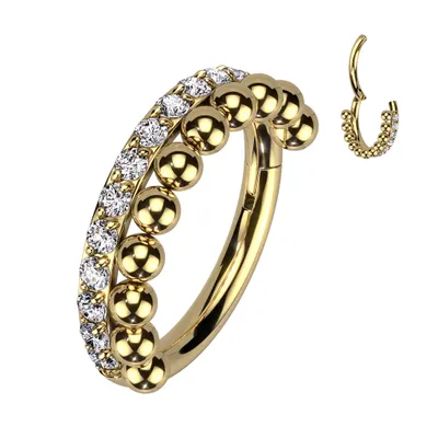 316L Surgical Steel Gold PVD Beaded White CZ Hinged Clicker Hoop