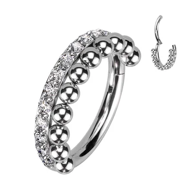 316L Surgical Steel Beaded White CZ Hinged Clicker Hoop