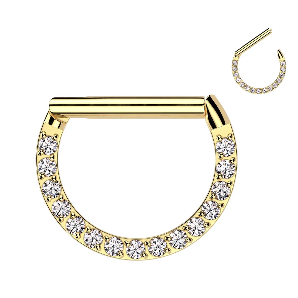 316L Surgical Steel Gold PVD White CZ Pave D Shaped Hinged Septum Clicker