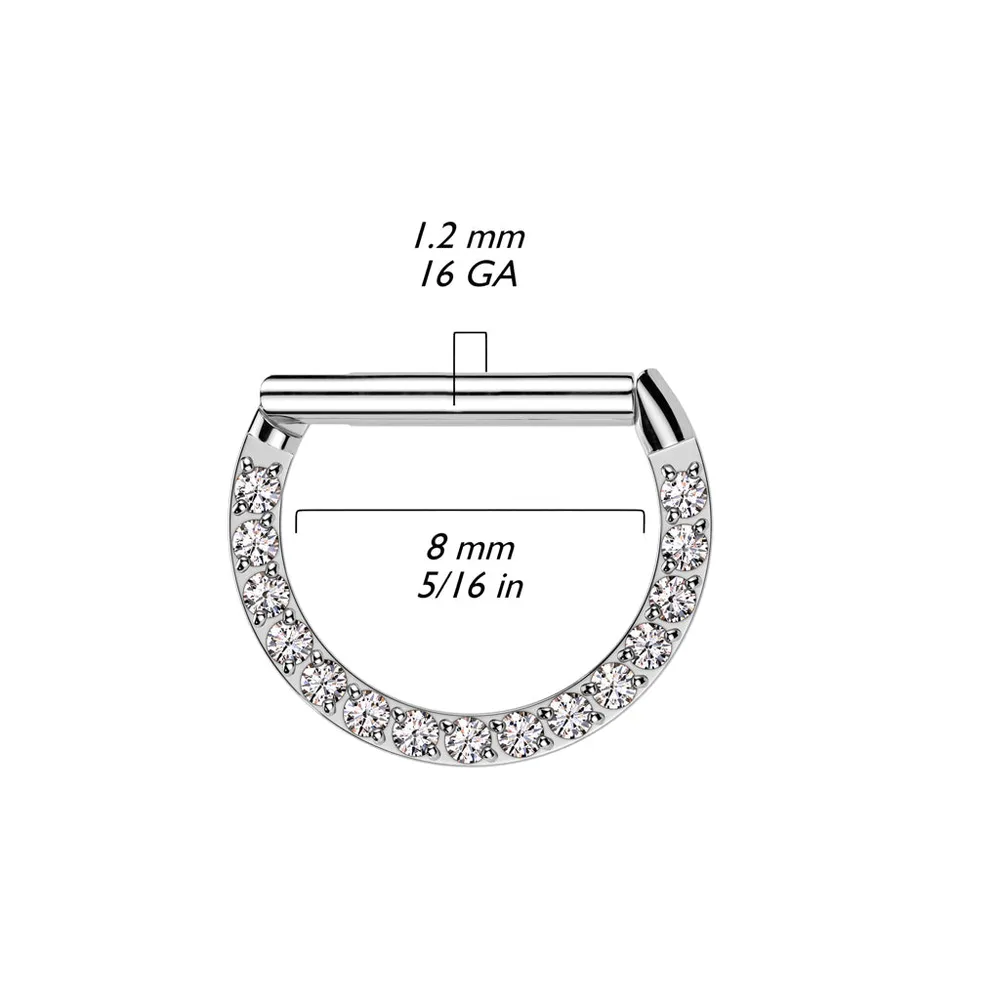 316L Surgical Steel White CZ Pave D Shaped Hinged Septum Clicker