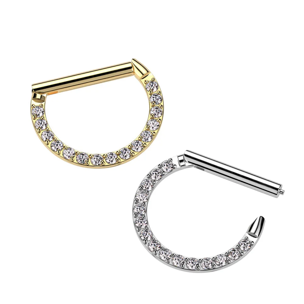 316L Surgical Steel Gold PVD White CZ Pave D Shaped Hinged Septum Clicker