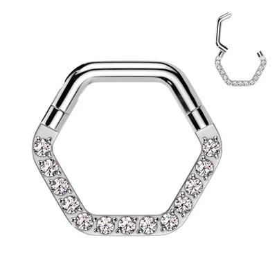 316L Surgical Steel White CZ Pave Hexagon Helix Hinged Clicker Hoop
