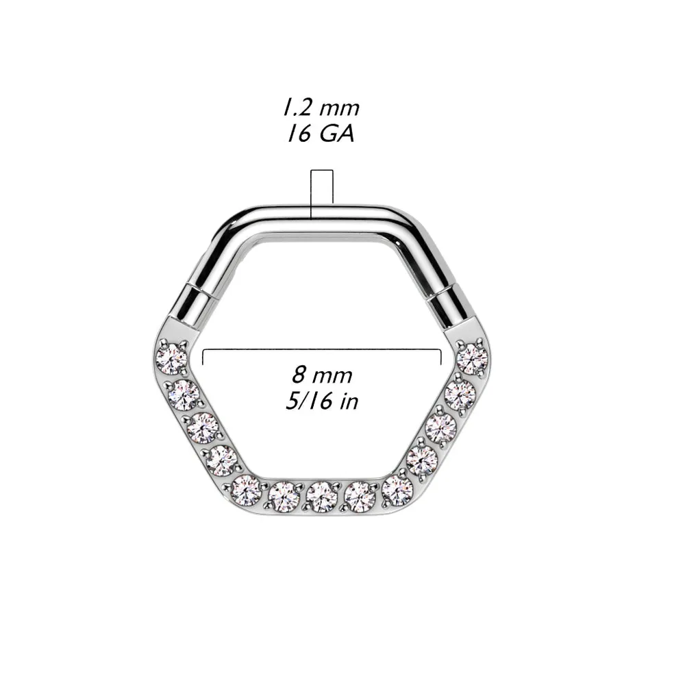 316L Surgical Steel White CZ Pave Hexagon Helix Hinged Clicker Hoop