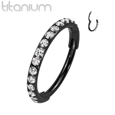 Implant Grade Titanium Black PVD Pave White CZ Nose Hoop Hinged Clicker Ring