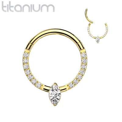 Implant Grade Titanium Gold PVD Pave White CZ Marquise Gem Hinged Clicker Hoop