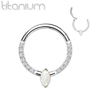 Implant Grade Titanium Pave CZ White Opal Marquise Gem Hinged Clicker Hoop