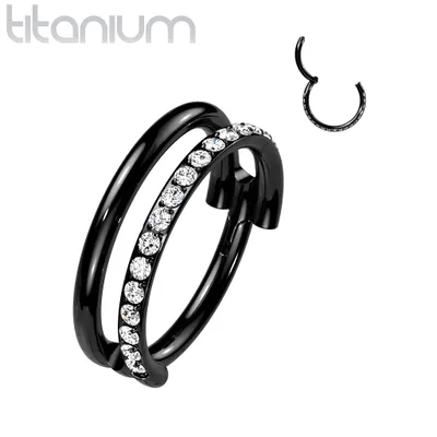 Implant Grade Titanium Black PVD Double Hoop White CZ Pave Hinged Clicker