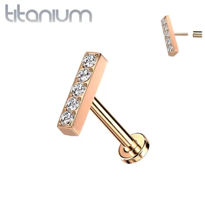 Titanium Rose Gold PVD Threadless Push In Labret White Studded CZ Rectangle Bar