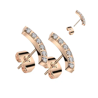 Pair of 316L Surgical Steel Rose Gold PVD Curved White CZ Gem Earring Studs
