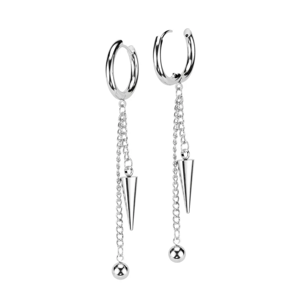 Pair of 316L Surgical Steel Ball And Spike Chain Dangle Hoop Earrings