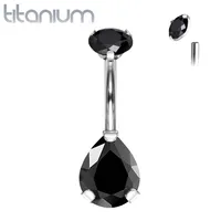 Implant Grade Titanium Internally Threaded Pear Teardrop Black CZ Belly Ring