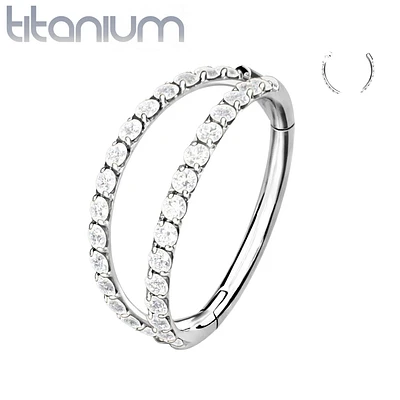Implant Grade Titanium Pave White CZ Double Hoop Hinged Hoop Ring Clicker
