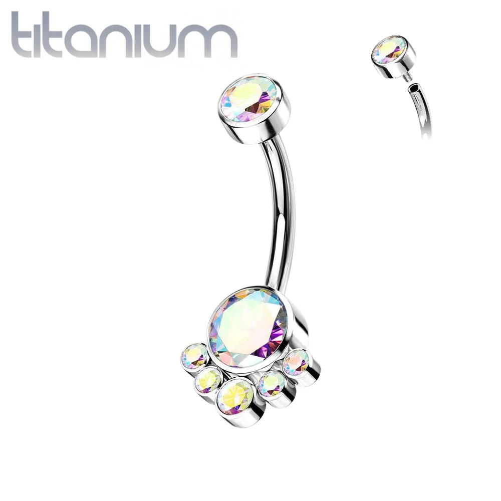 Implant Grade Titanium Internally Threaded Aurora Borealis CZ Bezel Cluster Belly Ring