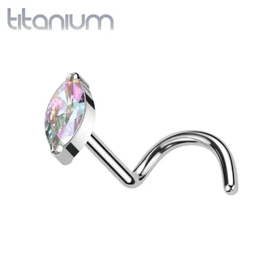 Implant Grade Titanium Aurora Borealis Marquise CZ Gem Corkscrew Nose Ring Stud