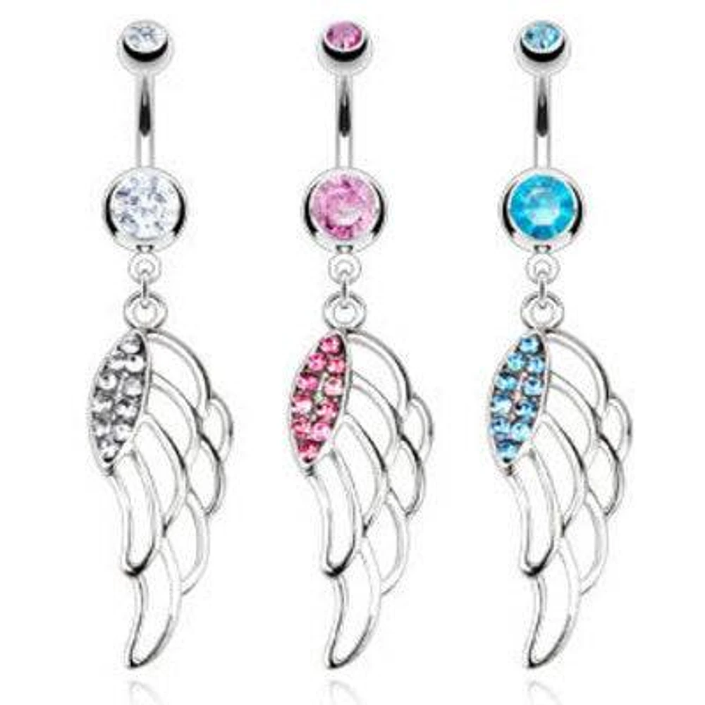 Big Hollow CZ Angel Wing Dangle Surgical Steel Belly Button Navel Ring Bar