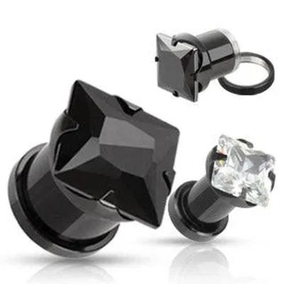 Black Plated Screw On Surgical Steel Prong Square CZ Gem Ear Plugs