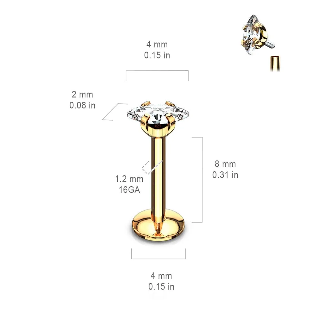 Black Plated Surgical Steel Marquise White CZ Internally Threaded Labret