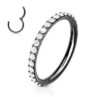 Black Surgical Steel Easy Hinged CZ Pave Clicker Hoop