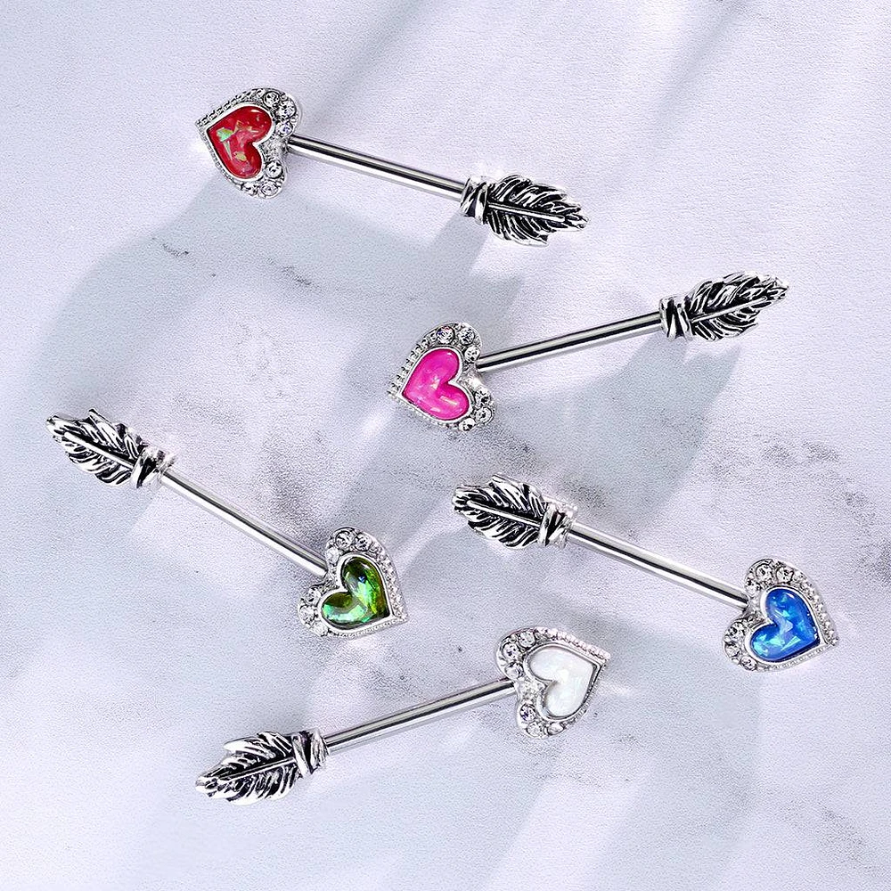 Opal Heart & Feather Arrow Surgical Steel Nipple Ring Barbell
