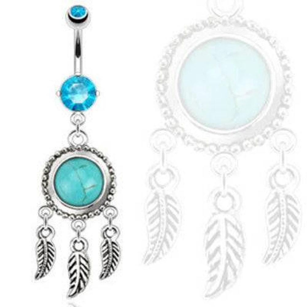 Blue Semi Precious Turquoise Dream Catcher Surgical Steel Belly Button Navel Ring
