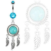 Blue Semi Precious Turquoise Dream Catcher Surgical Steel Belly Button Navel Ring